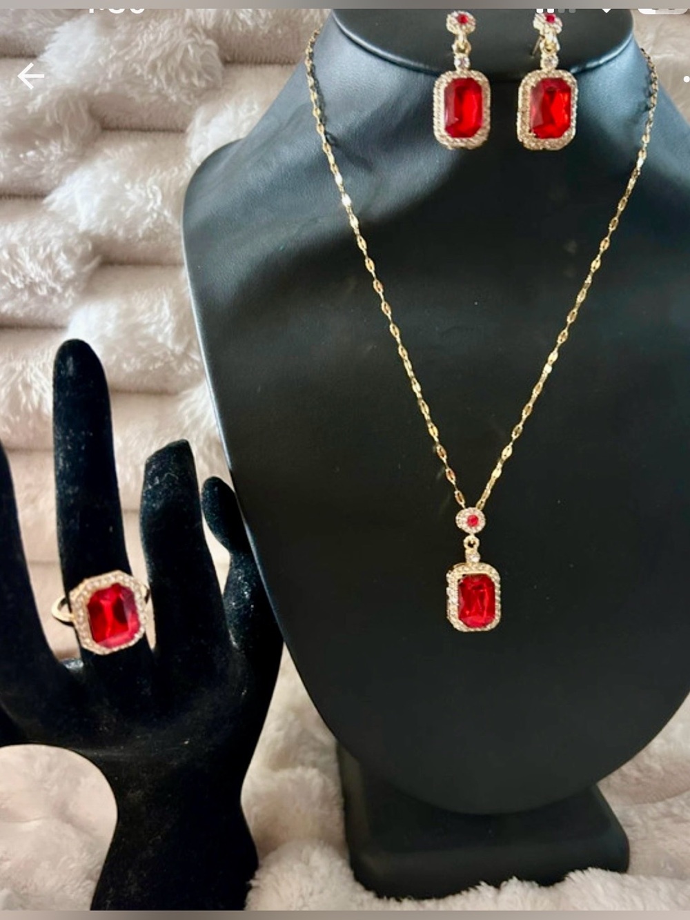Gold-Plated Red Crystal Necklace, Earrings & Ring Set. Stunning to any outfit